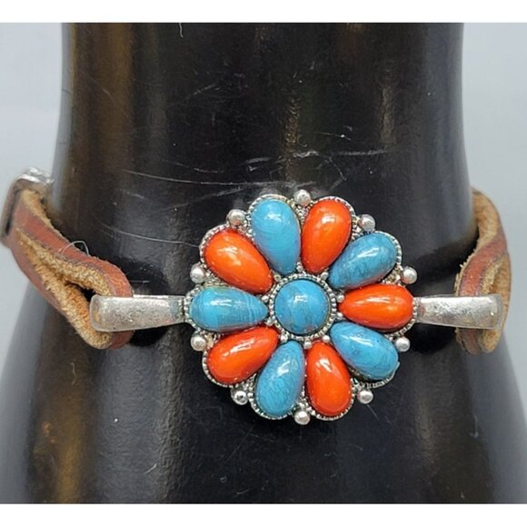 Faux Coral Turquoise Flower Bracelet Silver Tone 6.5" Leather Cord Toggle Close - Picture 1 of 6
